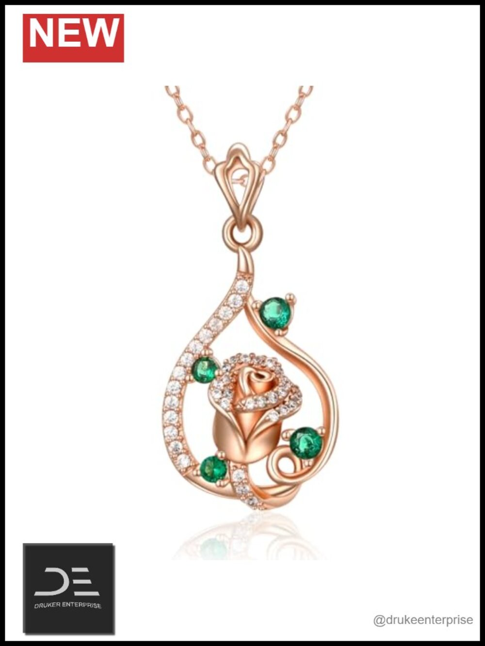 14K Rose Gold Teardrop Necklace with Emerald and Pave Stones, 18 Inch